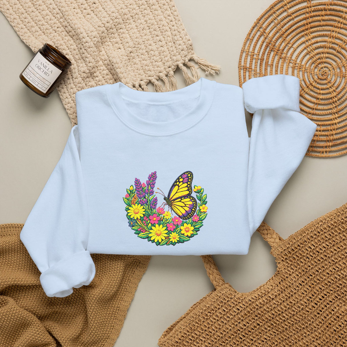 Butterfly Floral Crewneck Sweatshirt —Embroidery  Yellow Monarch Flower Wreath