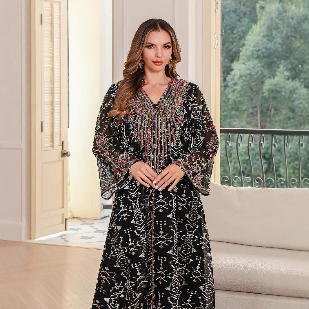 Muslim Women's Dress Long Skirt Abaya Arabic Embroidered Robe