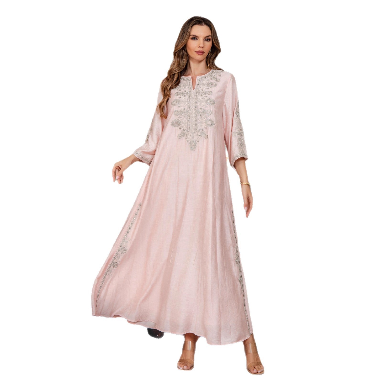 Middle Eastern Muslim Women's  with Rope Embroidery Dubai Long Dress Evening Gown, Arabic Saudi Embroidered Kaftan