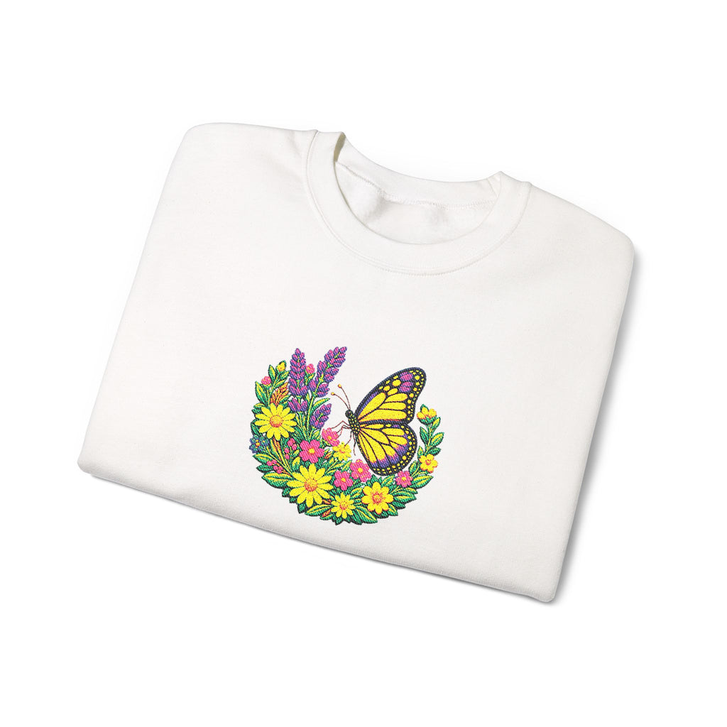 Butterfly Floral Crewneck Sweatshirt —Embroidery  Yellow Monarch Flower Wreath