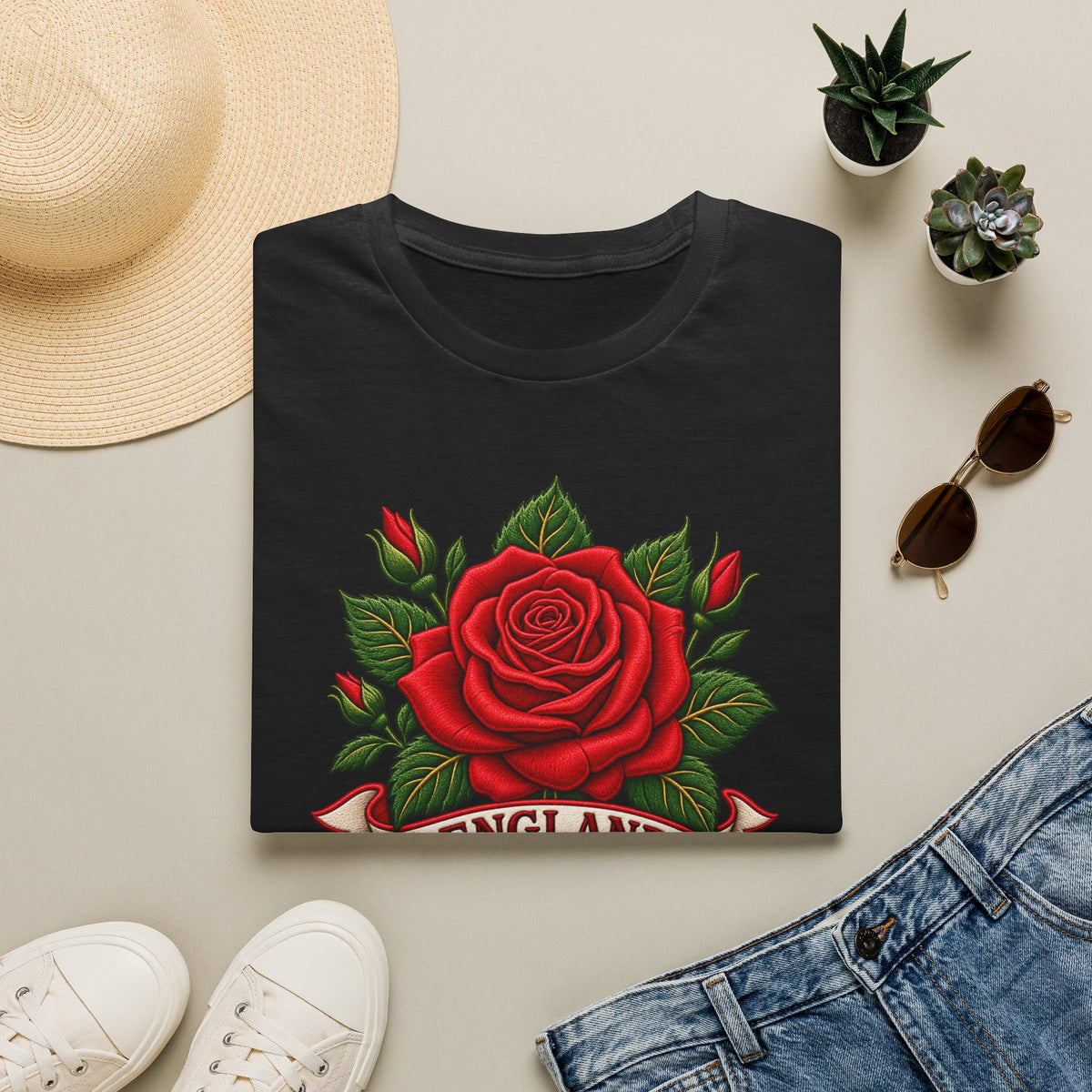 England Rose T-Shirt — Vintage Red Rose Floral Crest Tee