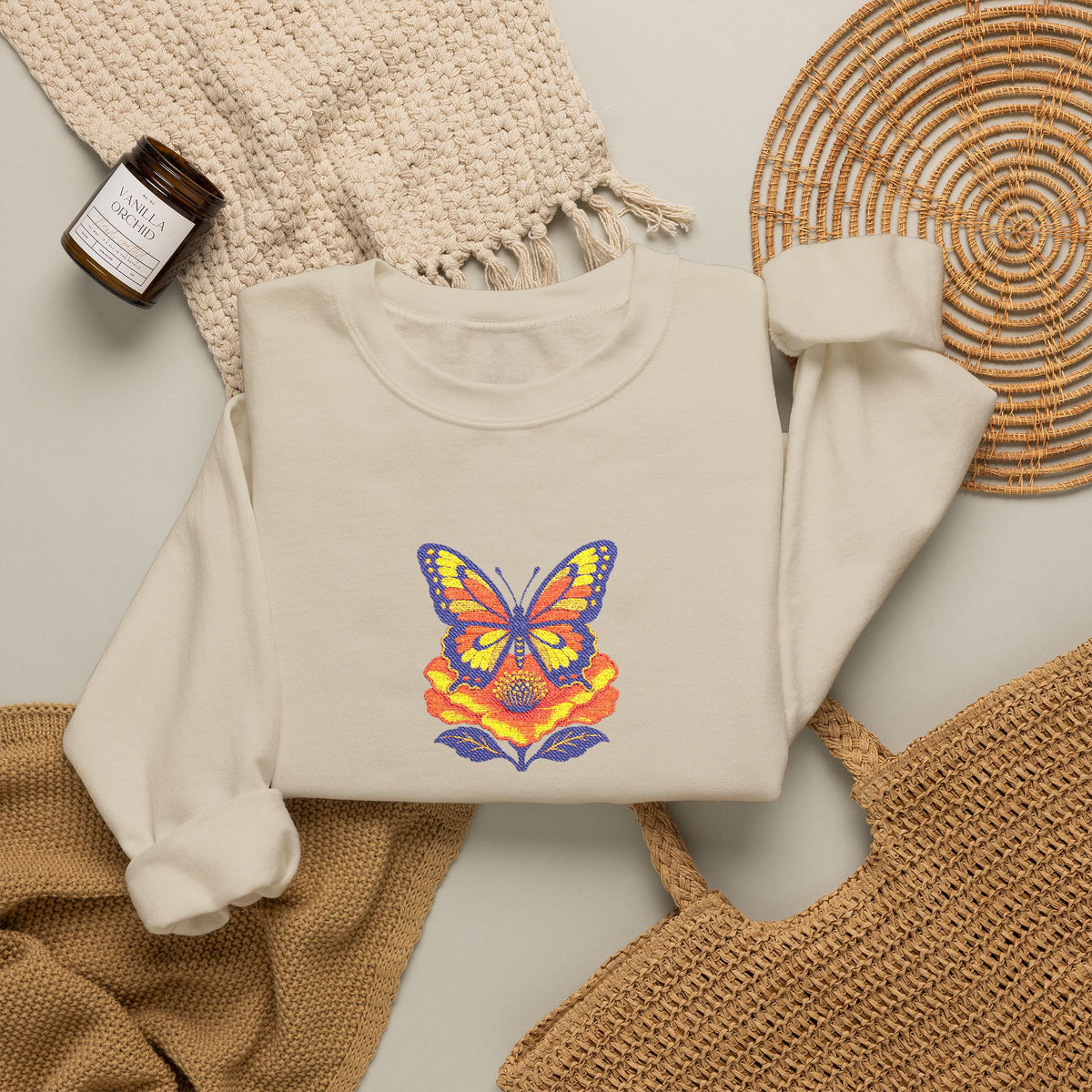 Butterfly Fox Crewneck Sweatshirt — Embroidery Colorful Geometric Animal Design