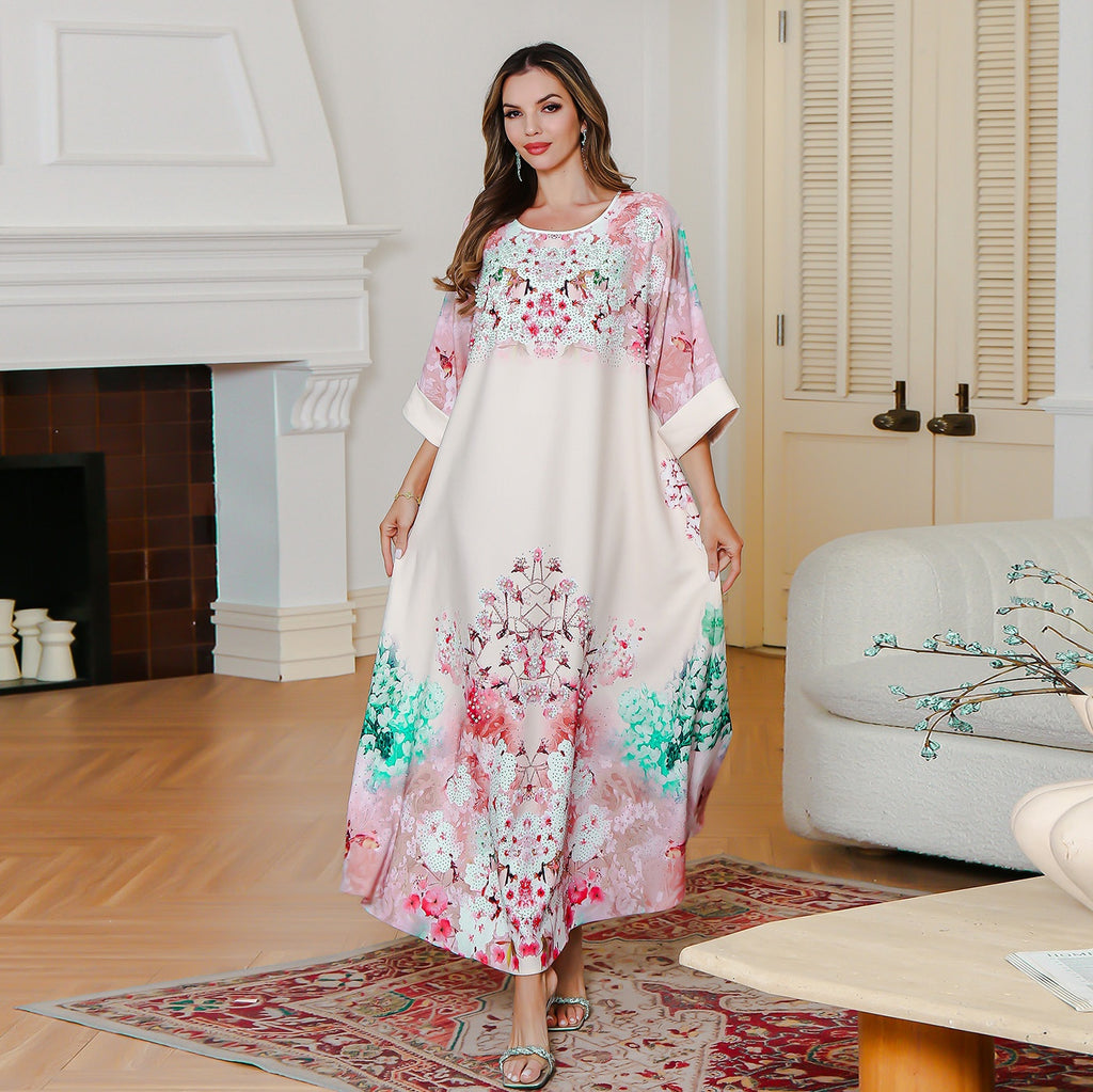 Summer New Muslim Printed Dress Party Middle East Long Dress Abaya Sequined Printed Robe
