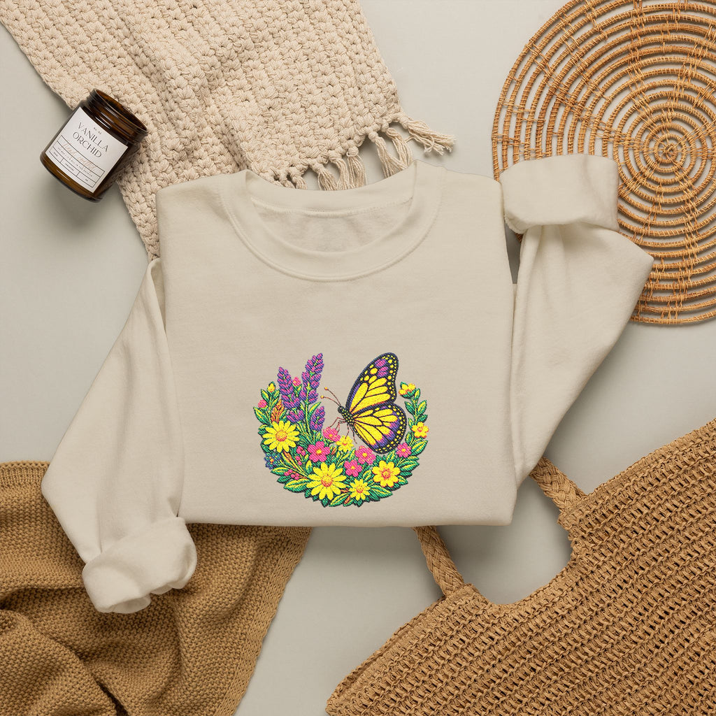 Butterfly Floral Crewneck Sweatshirt —Embroidery  Yellow Monarch Flower Wreath
