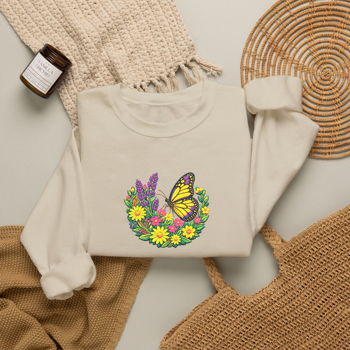 Butterfly Floral Crewneck Sweatshirt —Embroidery  Yellow Monarch Flower Wreath