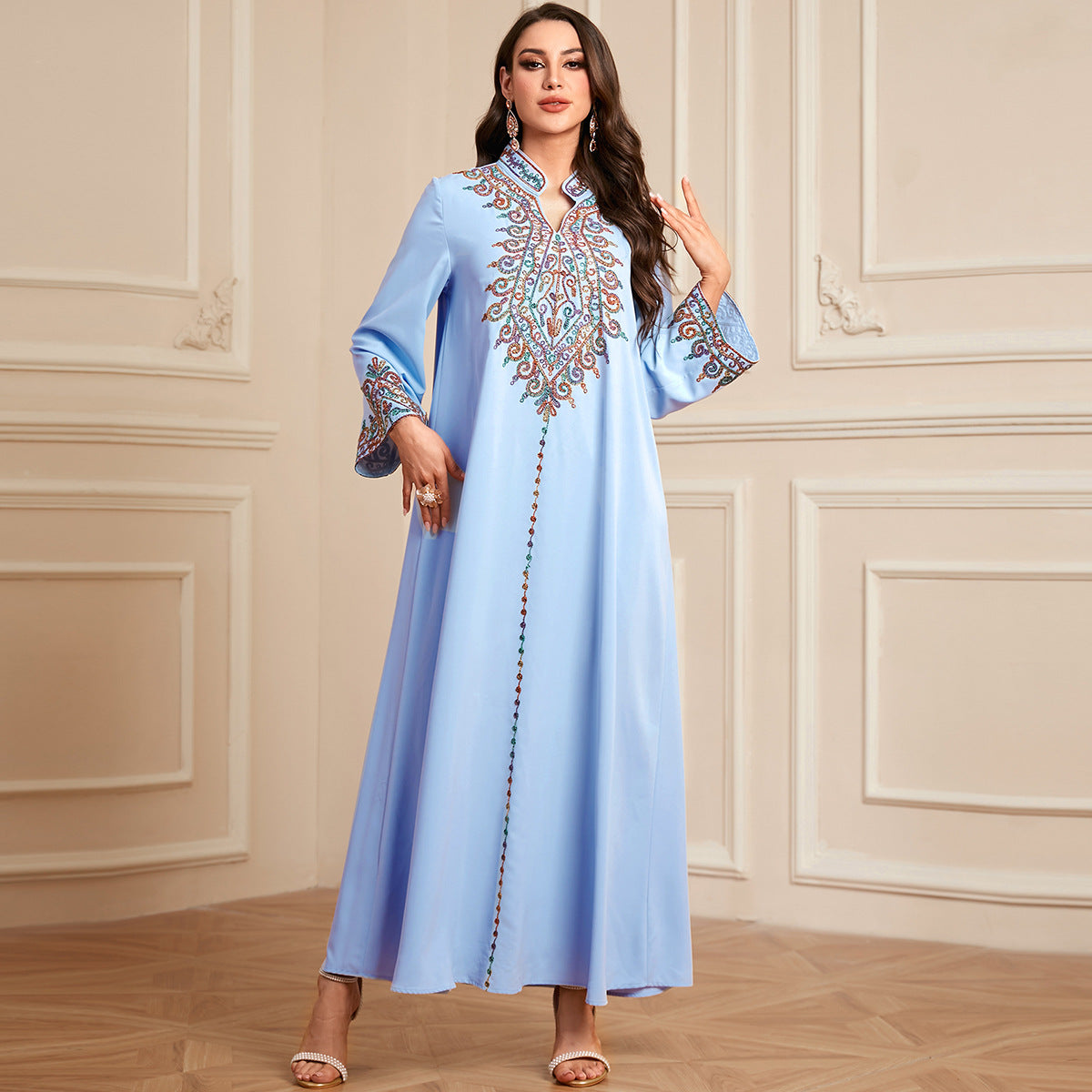 Middle Eastern Cross-border Long Robe Muslim Embroidered V-neck Dress Arabic Dubai Jalabiya Long Robe