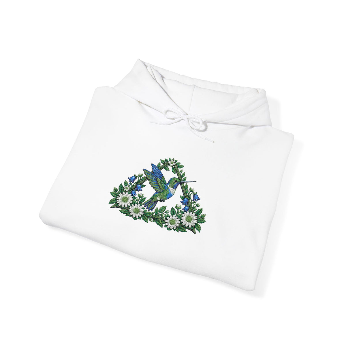 Embroidery Bird Floral Delta Triangle Hoodie — Blue & Green Botanical Graphic