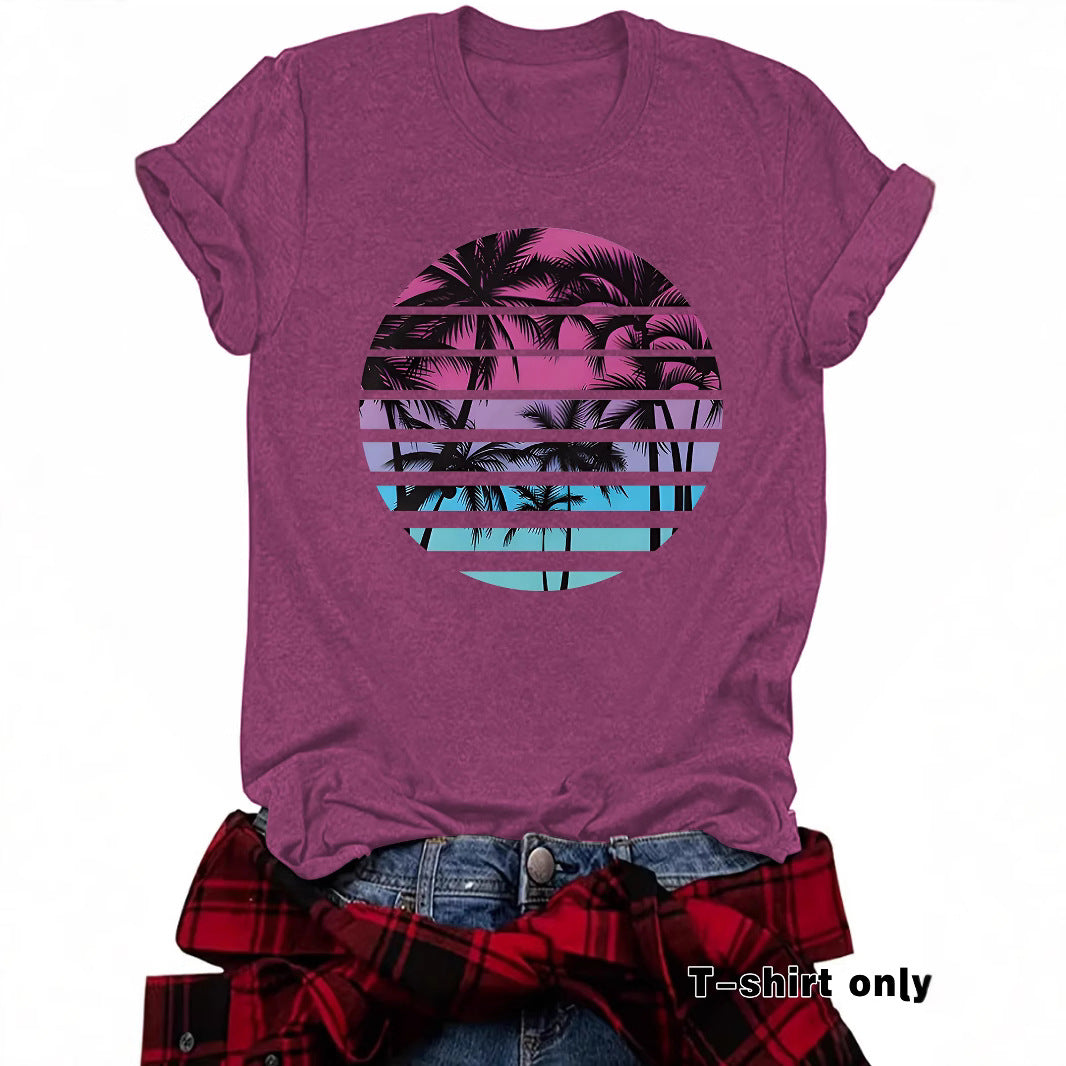 Beach Shirts for Women Coconut Trees Printed T-shirt Short Sleeve T-shirt