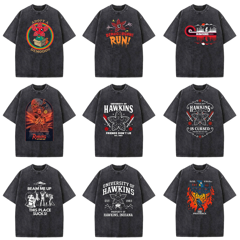 Retro Washed Cotton T-Shirts with Character Print