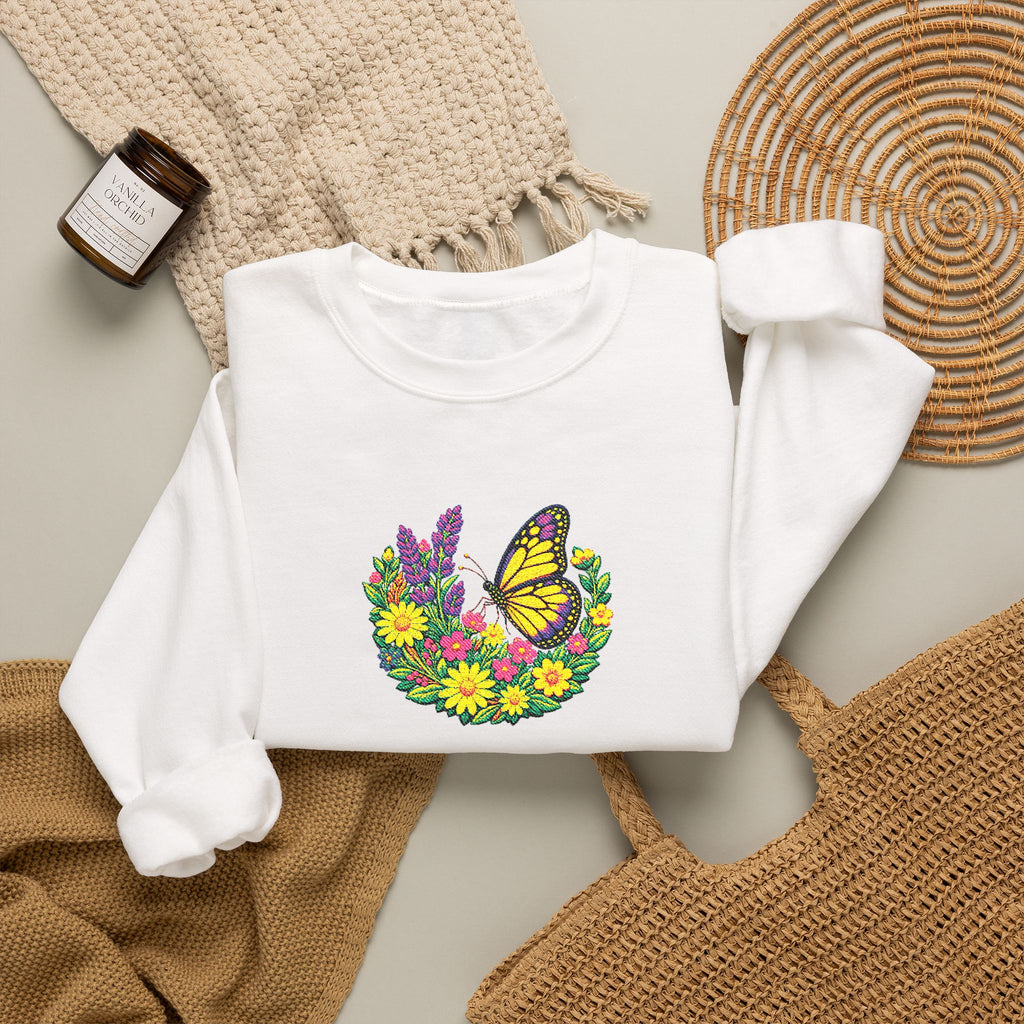 Butterfly Floral Crewneck Sweatshirt —Embroidery  Yellow Monarch Flower Wreath