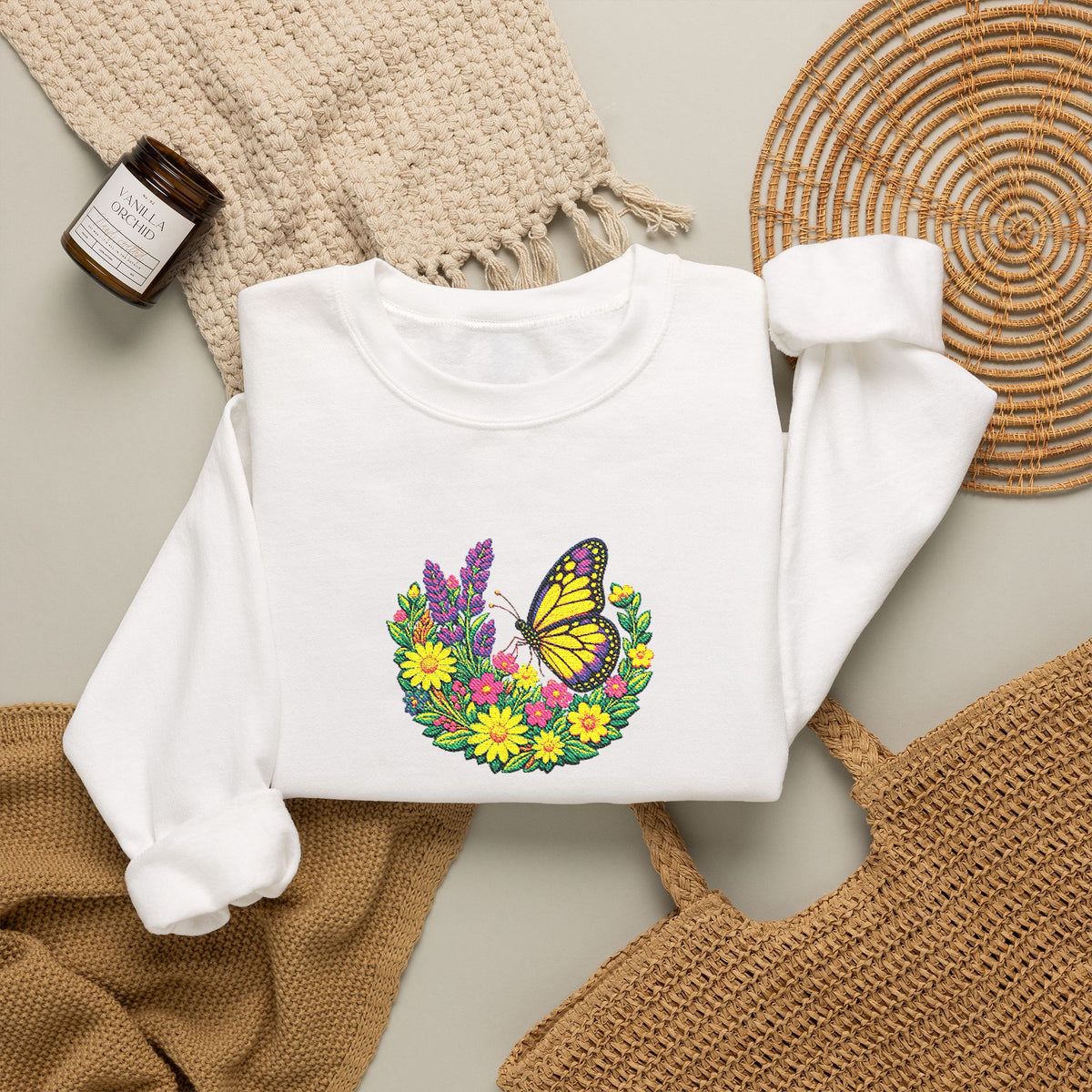 Butterfly Floral Crewneck Sweatshirt —Embroidery  Yellow Monarch Flower Wreath