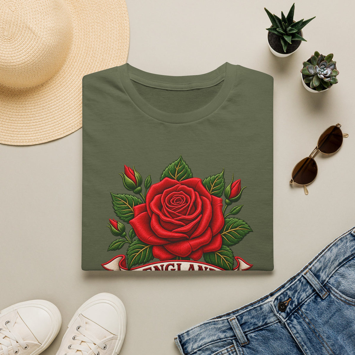 England Rose T-Shirt — Vintage Red Rose Floral Crest Tee