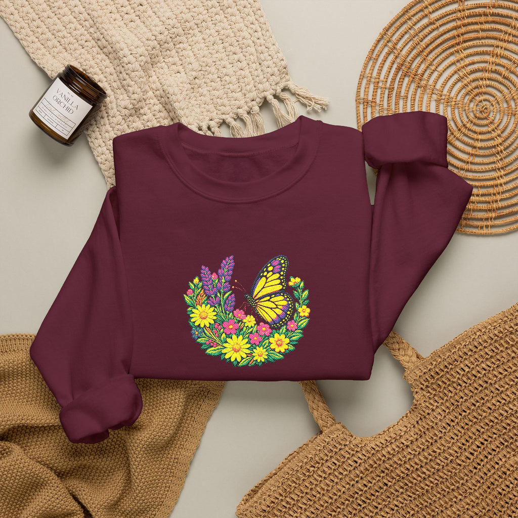 Butterfly Floral Crewneck Sweatshirt —Embroidery  Yellow Monarch Flower Wreath