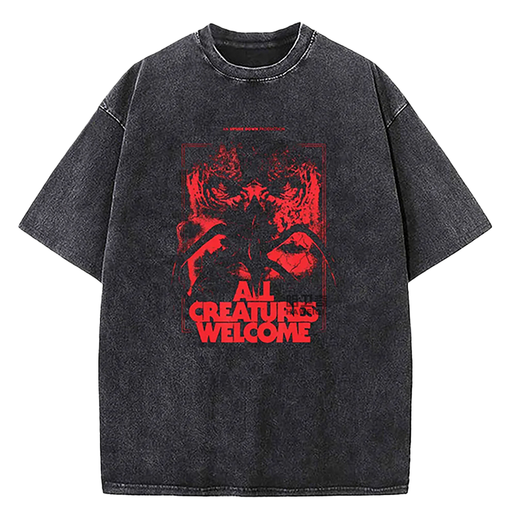 Retro Washed Cotton T-Shirts with Character Print