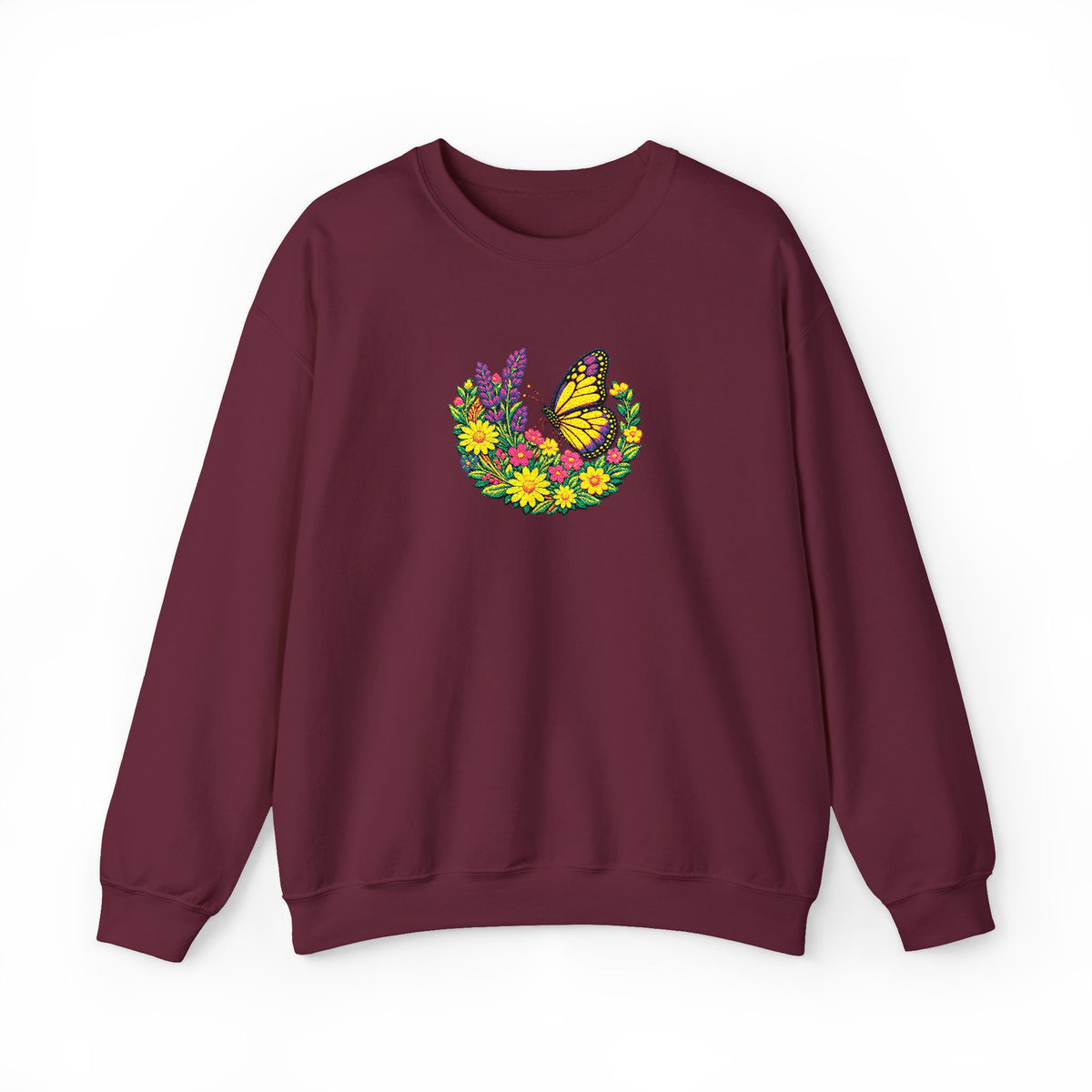 Butterfly Floral Crewneck Sweatshirt —Embroidery  Yellow Monarch Flower Wreath
