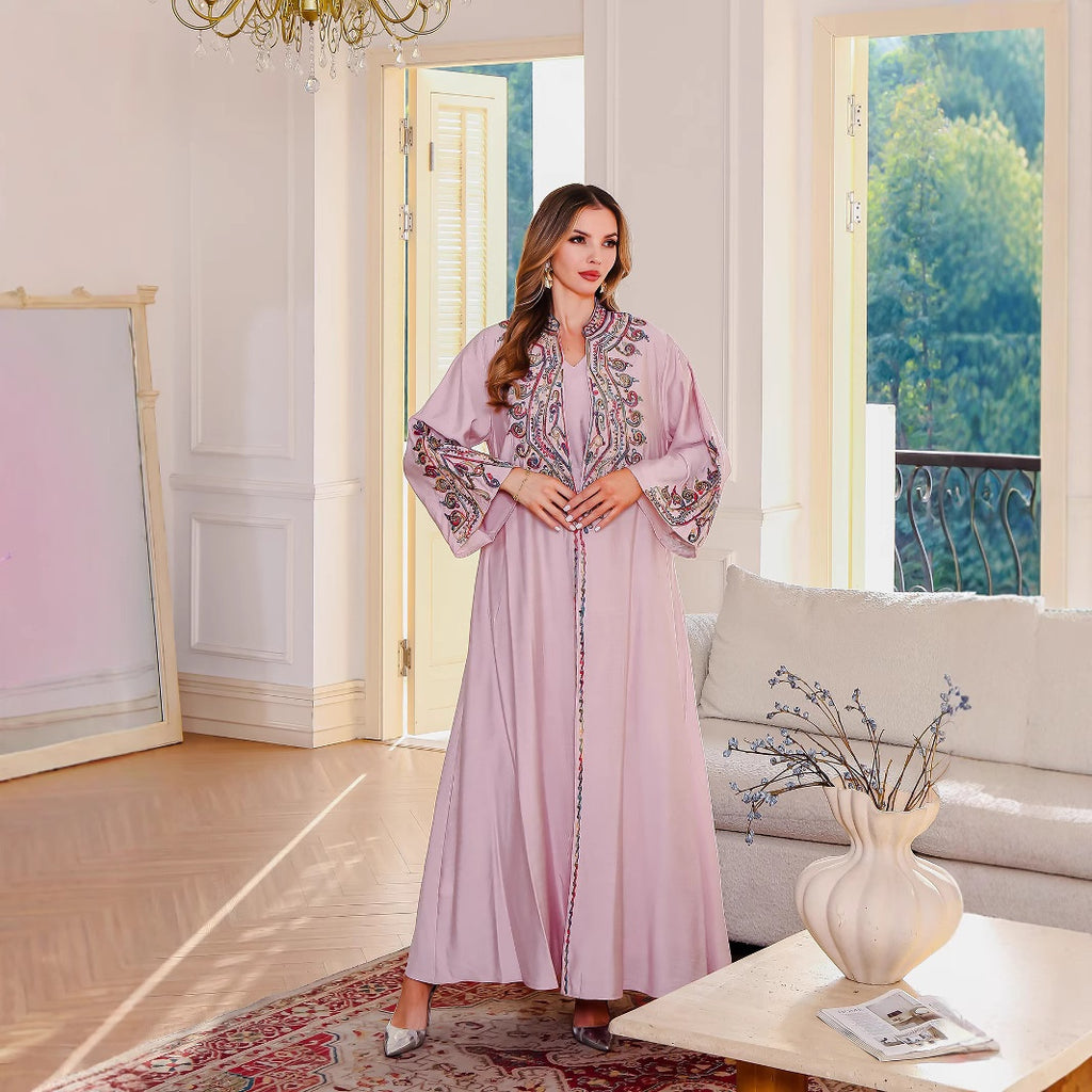 Muslim Embroidered Long Robe Middle Eastern Clothing Abaya Luxury Evening Dress Two-Piece Dress