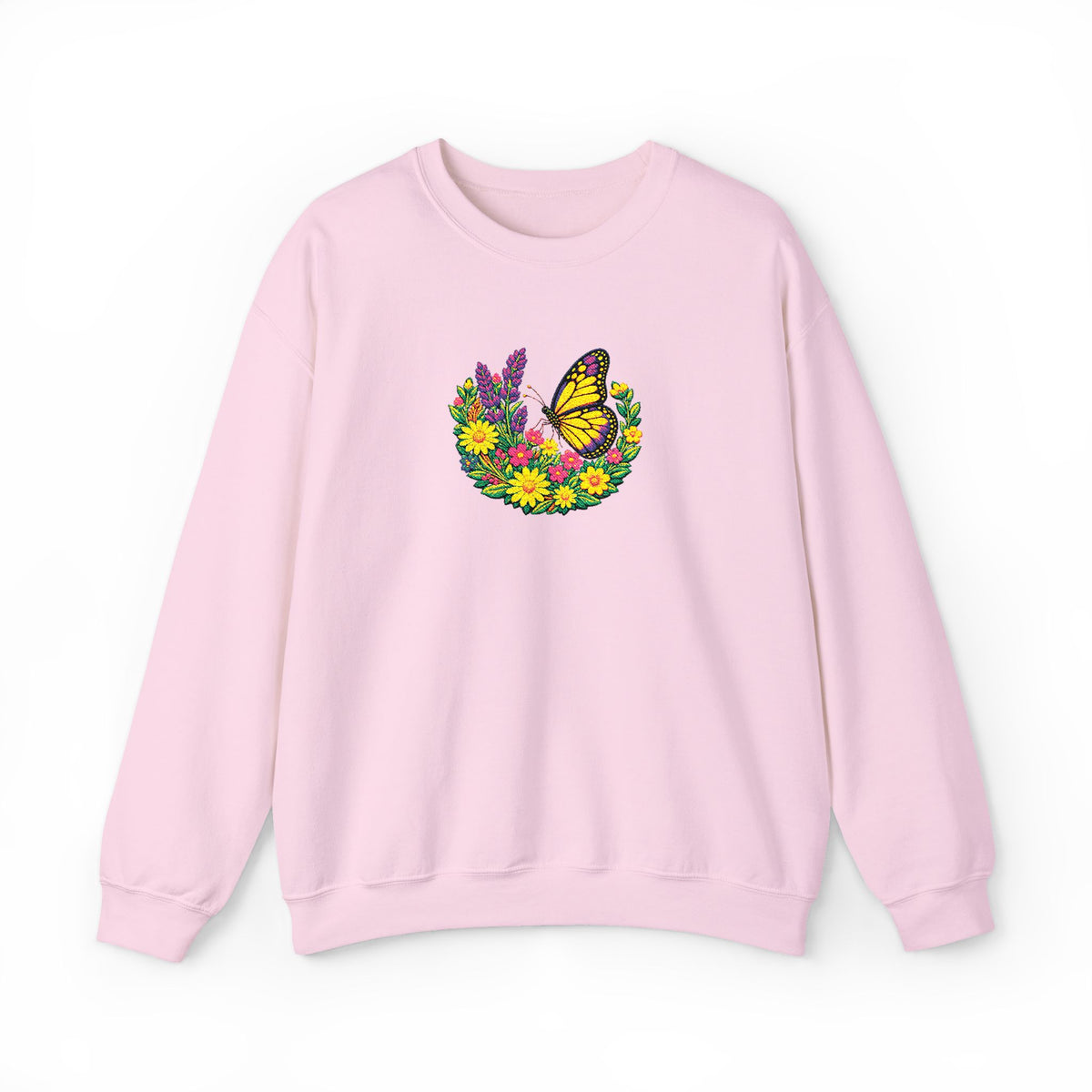 Butterfly Floral Crewneck Sweatshirt —Embroidery  Yellow Monarch Flower Wreath
