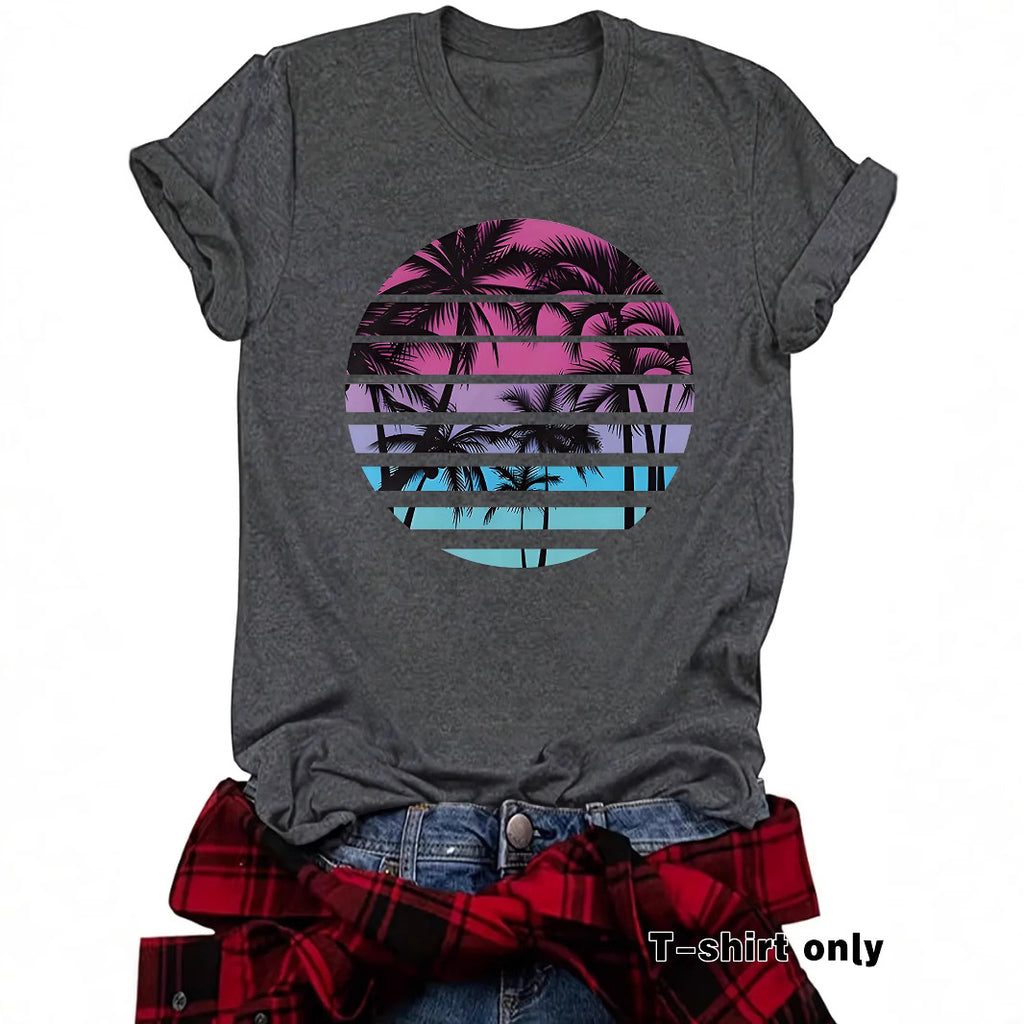 Beach Shirts for Women Coconut Trees Printed T-shirt Short Sleeve T-shirt