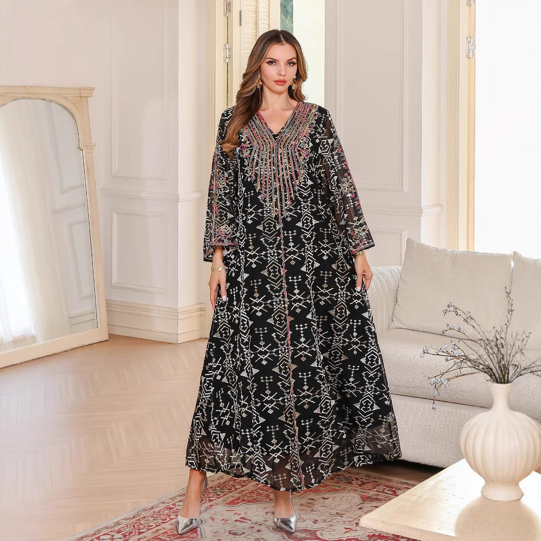 Muslim Women's Dress Long Skirt Abaya Arabic Embroidered Robe