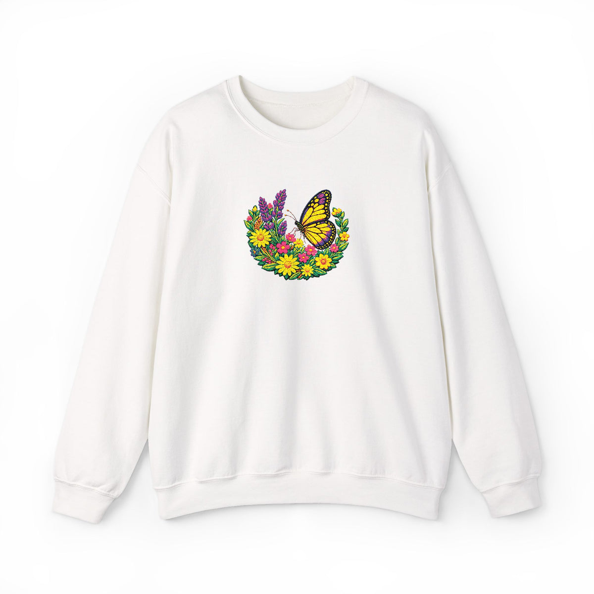 Butterfly Floral Crewneck Sweatshirt —Embroidery  Yellow Monarch Flower Wreath