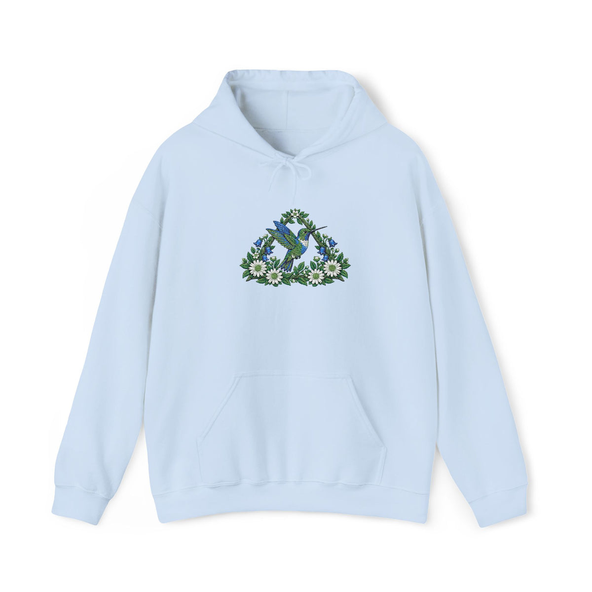 Embroidery Bird Floral Delta Triangle Hoodie — Blue & Green Botanical Graphic