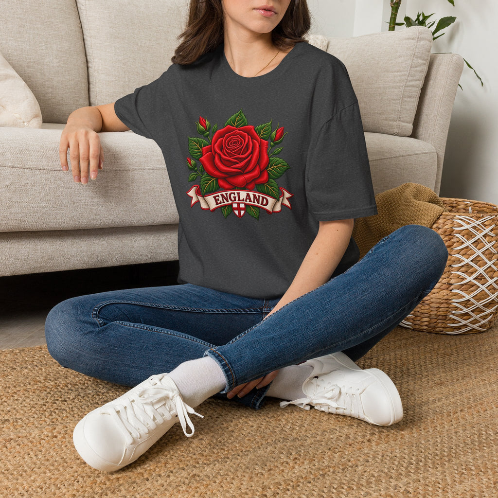 England Rose T-Shirt — Vintage Red Rose Floral Crest Tee
