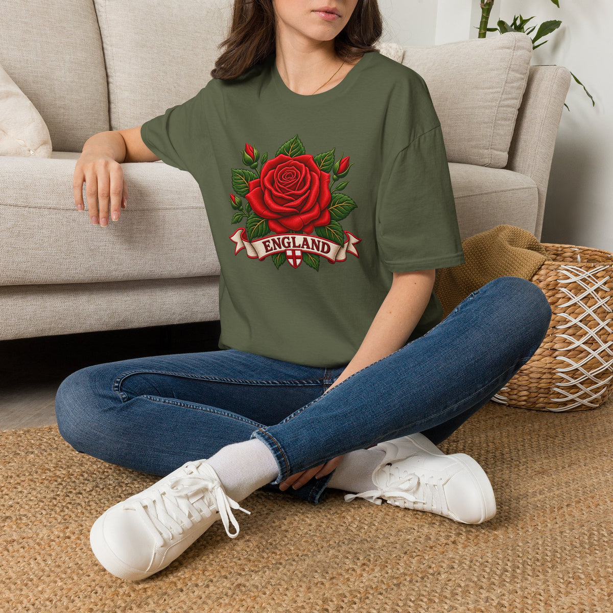 England Rose T-Shirt — Vintage Red Rose Floral Crest Tee