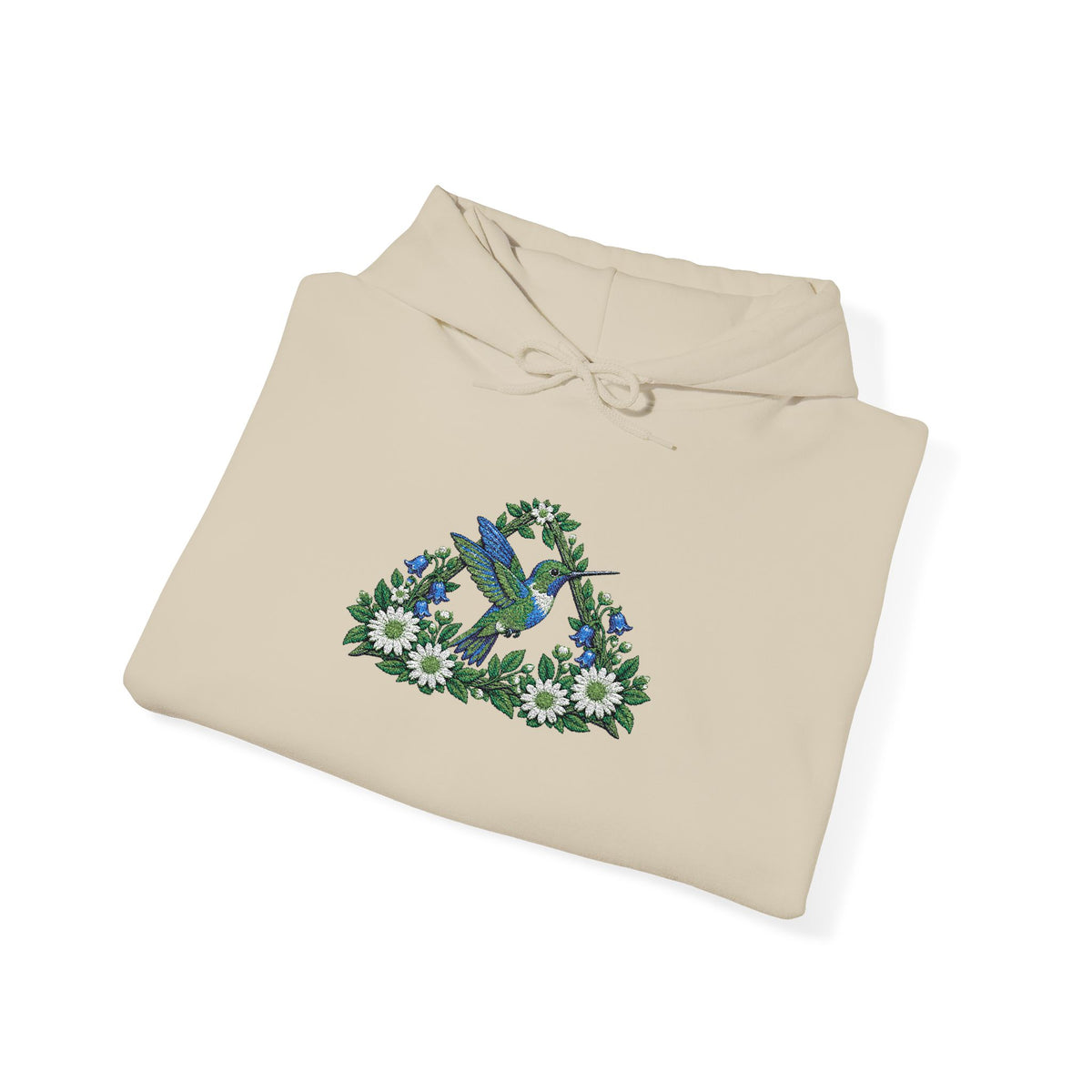 Embroidery Bird Floral Delta Triangle Hoodie — Blue & Green Botanical Graphic