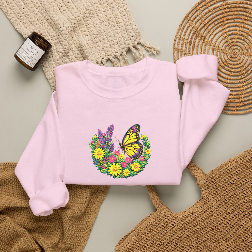 Butterfly Floral Crewneck Sweatshirt —Embroidery  Yellow Monarch Flower Wreath