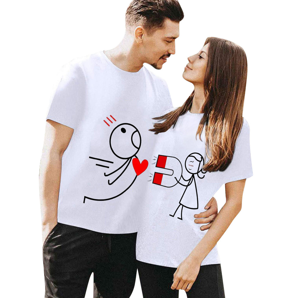 Casual Cartoon Print Couple T-Shirts for Women, European and American Style, Simple Design, Unisex Fashion Top