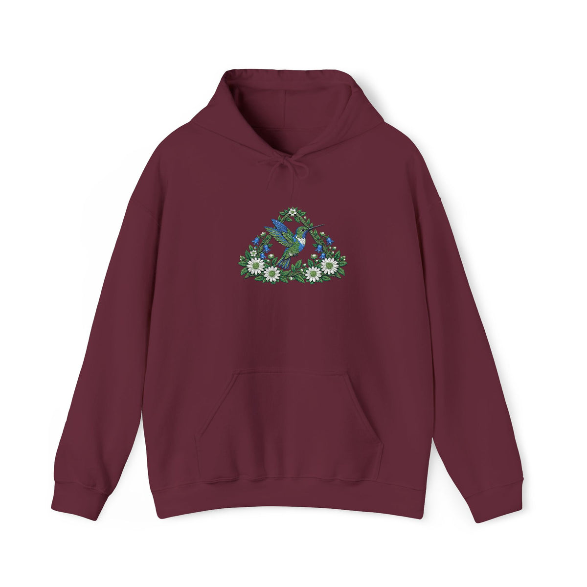 Embroidery Bird Floral Delta Triangle Hoodie — Blue & Green Botanical Graphic