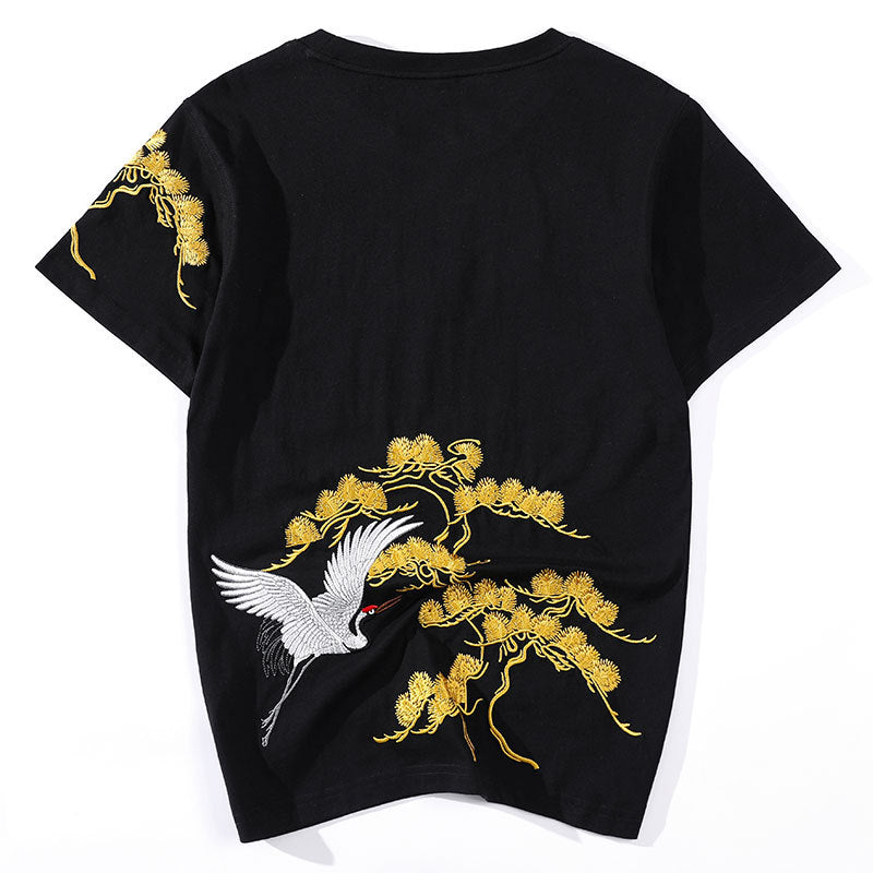 Cotton T-Shirts Embroidery Storks Bird  flying and landing  on Trees