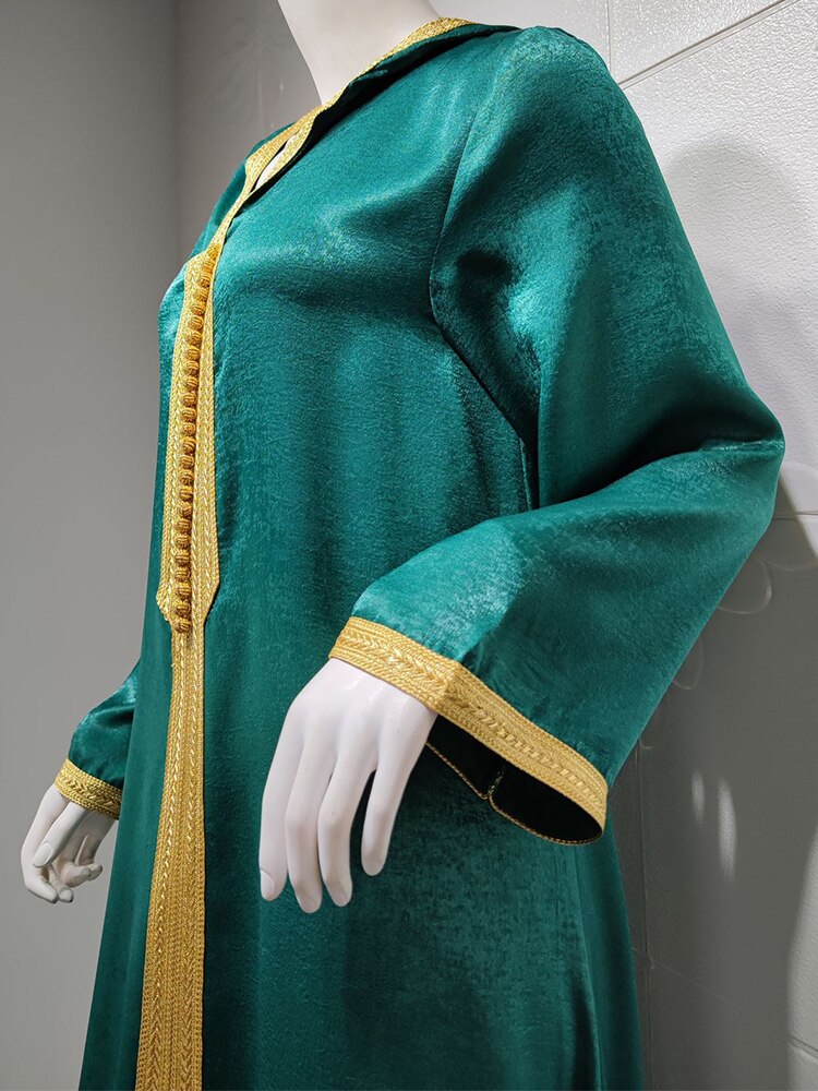 Dubai Abaya Jalabiya Hooded Maxi  Dress Long Sleeve  Islam Muslim Women Moroccan Kaftan ArabTurkey Robe Champagne White Green