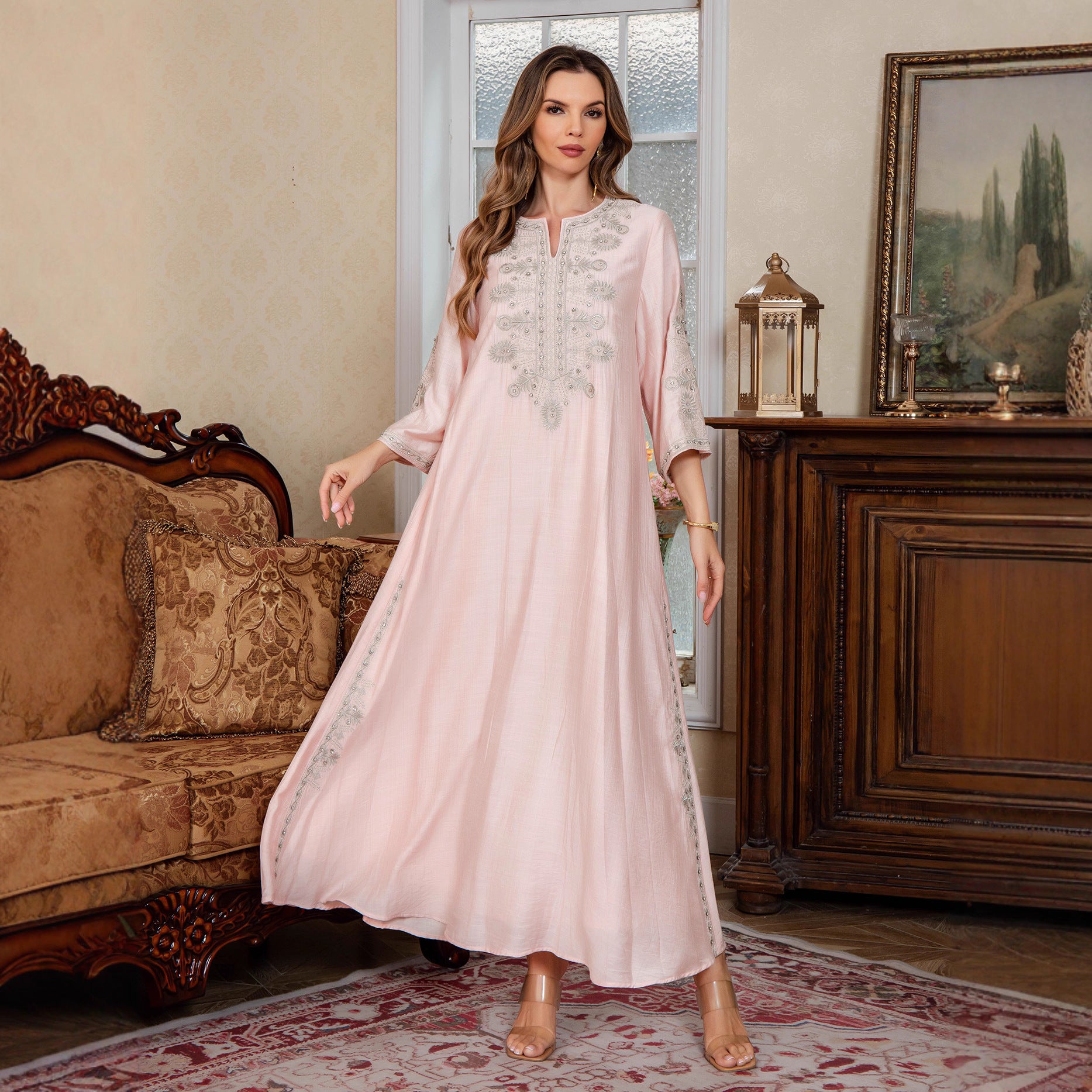 Middle Eastern Muslim Women's  with Rope Embroidery Dubai Long Dress Evening Gown, Arabic Saudi Embroidered Kaftan