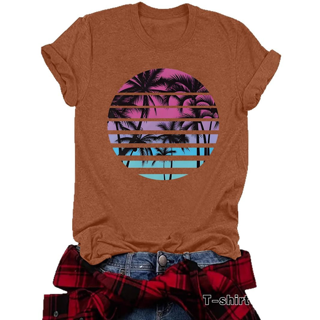 Beach Shirts for Women Coconut Trees Printed T-shirt Short Sleeve T-shirt