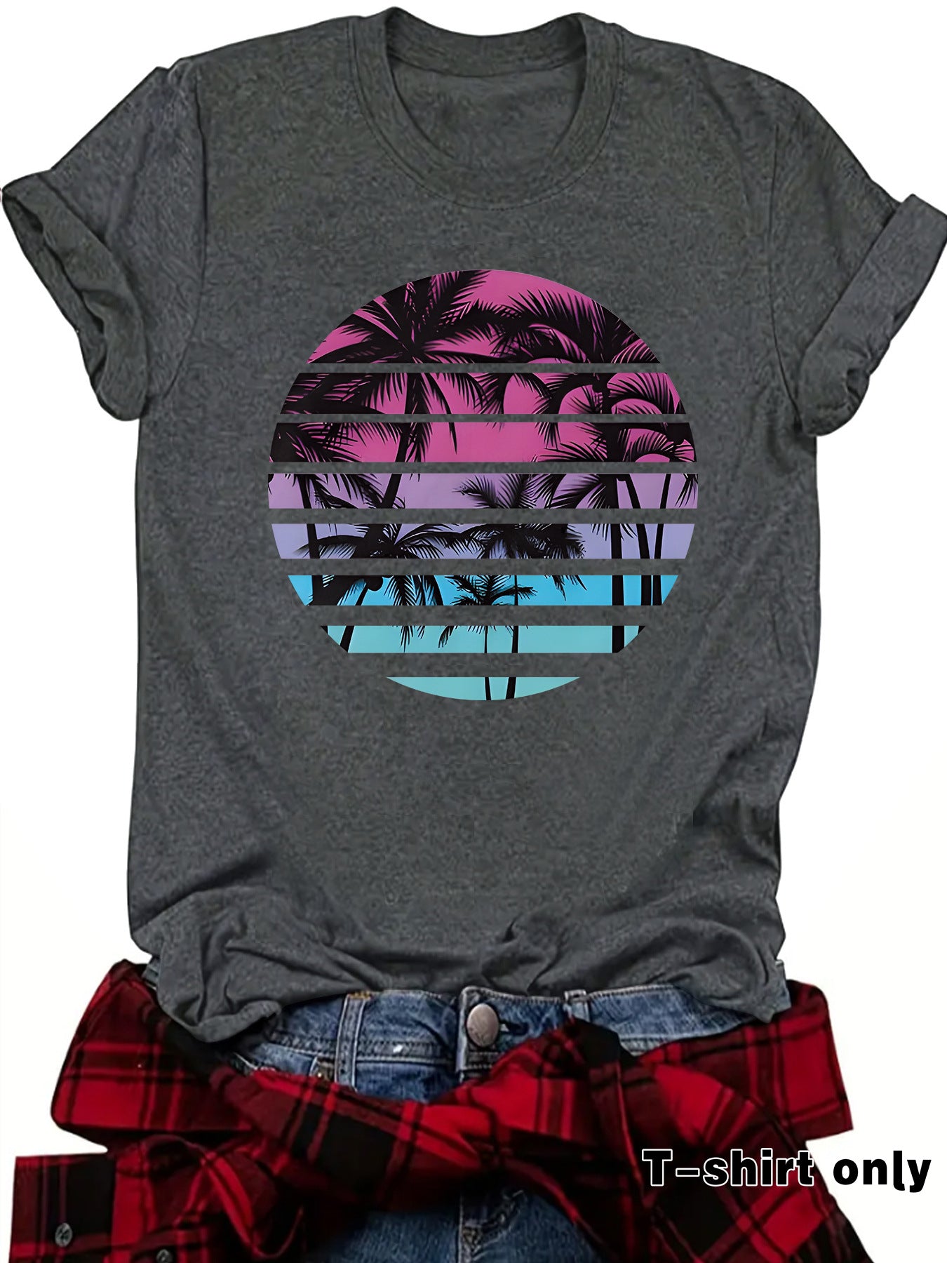Beach Shirts for Women Coconut Trees Printed T-shirt Short Sleeve T-shirt