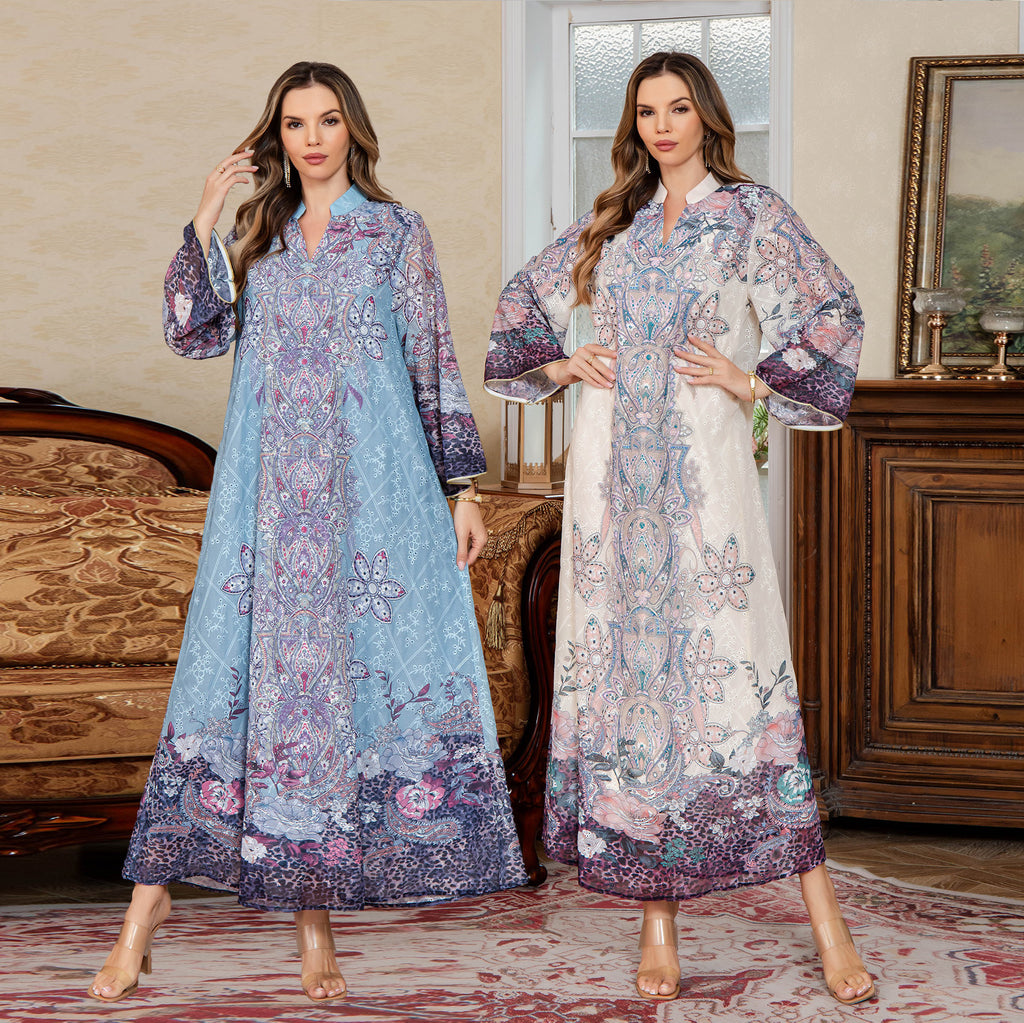 Printed Middle Eastern Dress Muslim Women's Fashion Dubai Long Dress Abaya Embroidered Robe