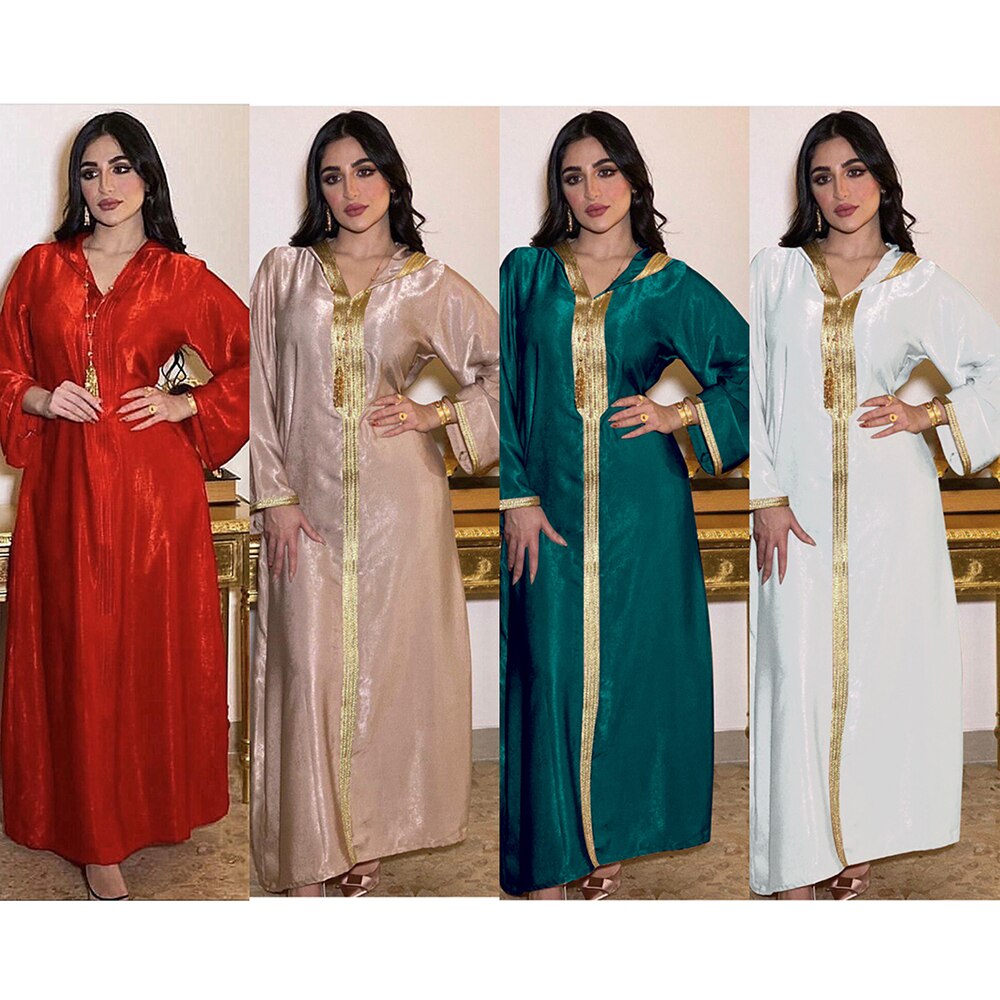 Dubai Abaya Jalabiya Hooded Maxi  Dress Long Sleeve  Islam Muslim Women Moroccan Kaftan ArabTurkey Robe Champagne White Green
