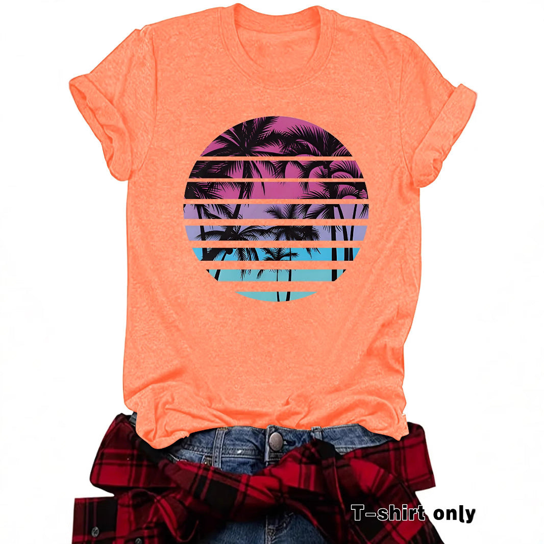 Beach Shirts for Women Coconut Trees Printed T-shirt Short Sleeve T-shirt