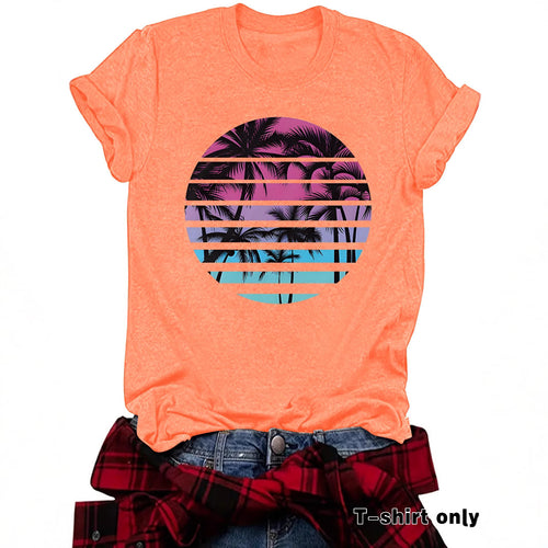 Beach Shirts for Women Coconut Trees Printed T-shirt Short Sleeve T-shirt