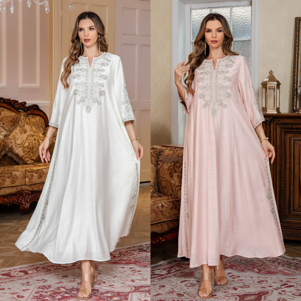 Middle Eastern Muslim Women's  with Rope Embroidery Dubai Long Dress Evening Gown, Arabic Saudi Embroidered Kaftan