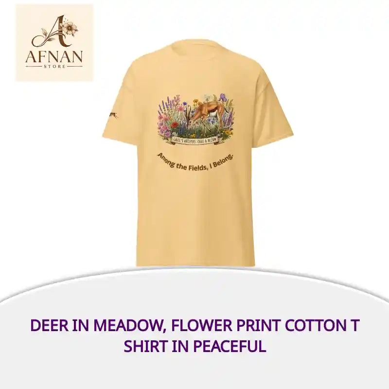 Deer in Meadow, flower print Cotton T shirt in peaceful by@Outfy