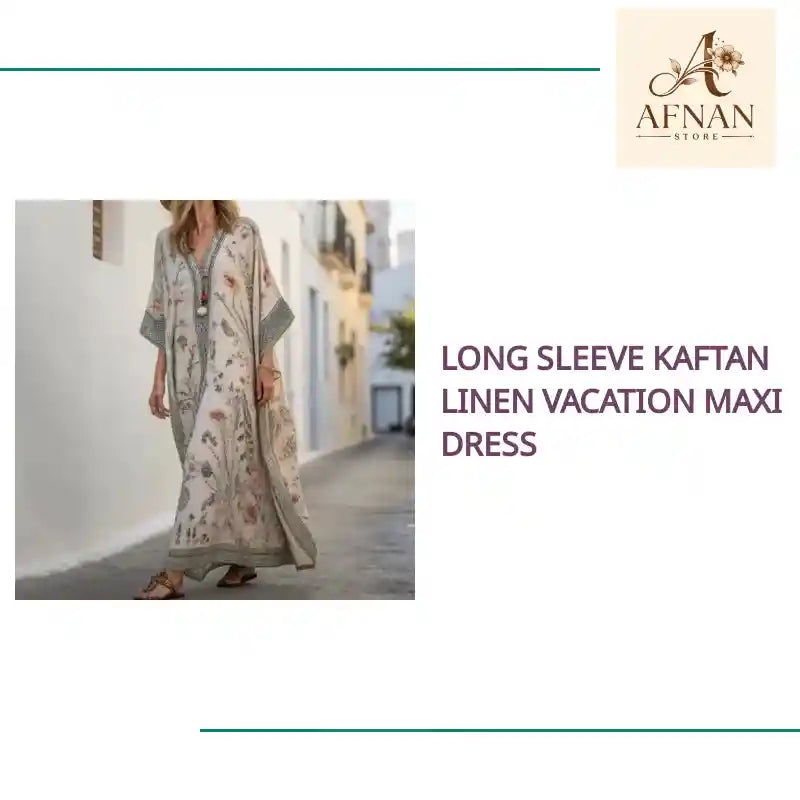 Long Sleeve Kaftan Linen Vacation Maxi Dress by@Outfy