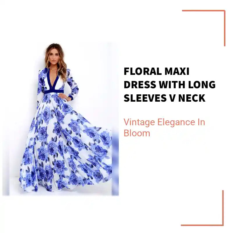 Floral Maxi Dress with long sleeves V neck by@Outfy