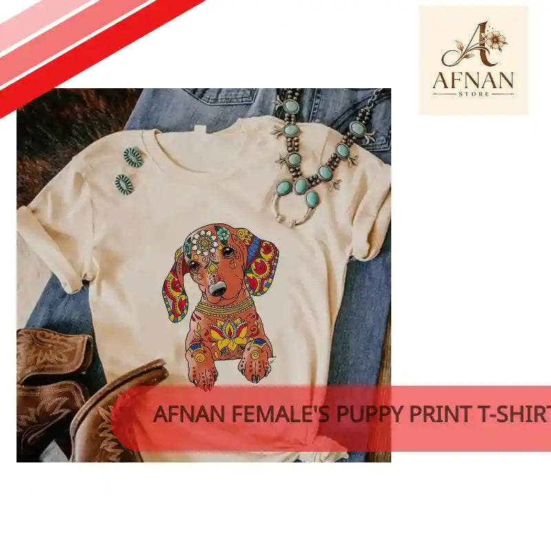 Afnan Female's Puppy Print T-Shirt &ndash; Cute Short Sleeve Graphic Cotton Tee by@Outfy