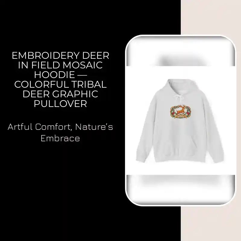 Embroidery Deer in Field Mosaic Hoodie &mdash; Colorful Tribal Deer Graphic Pullover by@Outfy