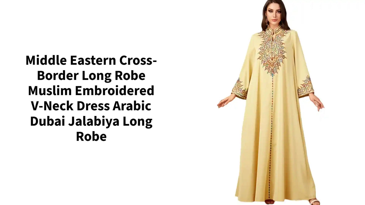Middle Eastern Cross-border Long Robe Muslim Embroidered V-neck Dress Arabic Dubai Jalabiya Long Robe by@Outfy