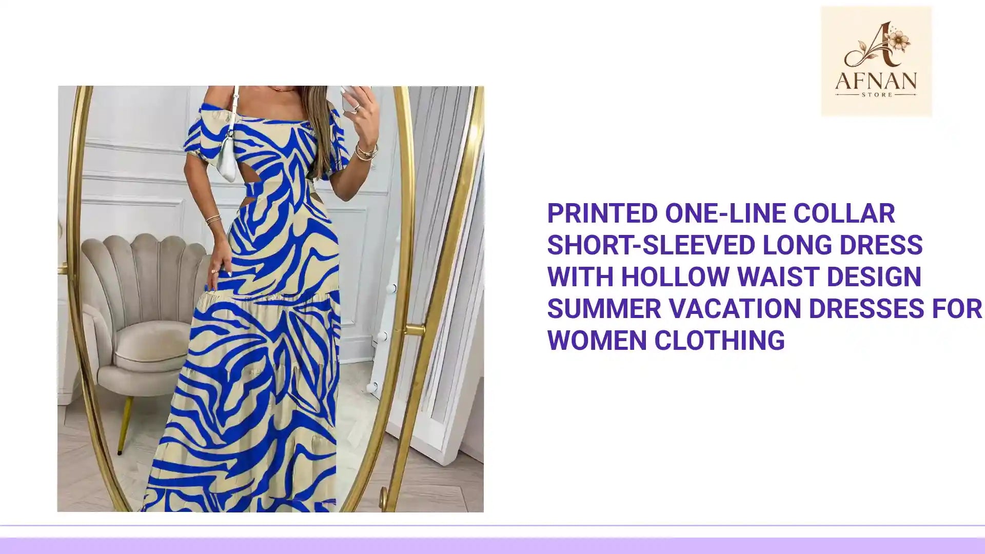 Printed One-line Collar Short-sleeved Long Dress With Hollow Waist Design Summer Vacation Dresses For Women Clothing by@Outfy