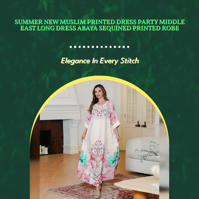 Summer New Muslim Printed Dress Party Middle East Long Dress Abaya Sequined Printed Robe by@Outfy