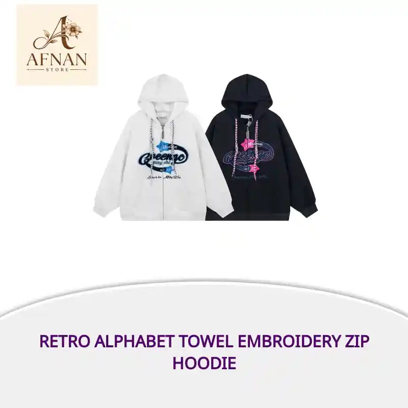 Retro Alphabet Towel Embroidery Zip Hoodie by@Outfy